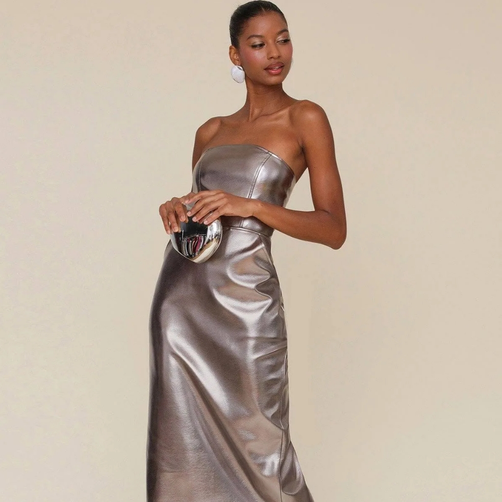 Nwt Avec Les Filles Metallic Faux Leather Silver Midi Strap Strapless Dress S 12